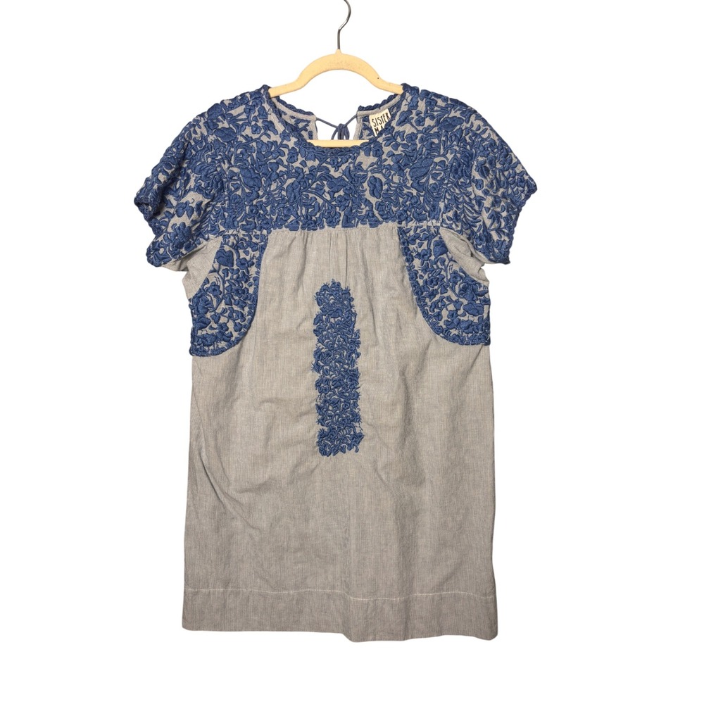 Sister Mary Womens Dress XS Blue Pinstripe Embroidered Boho Coastal Mini MARY